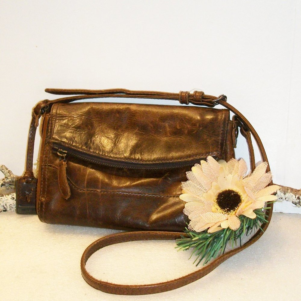 FRYE Brown Distressed Leather Foldover Crossbody Bag 6"H x 8.5"L